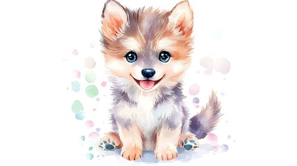 Obraz premium Adorable chibi wolf pup with fluffy fur, bright blue eyes, and soft watercolor shading, sitting on a white background
