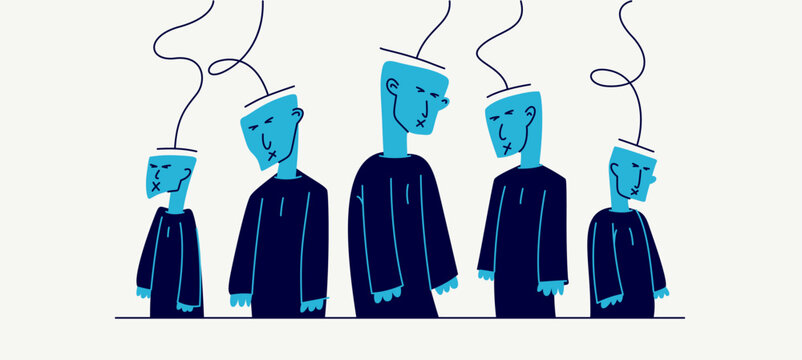 Social zombies vector concept, matrix and mind control, psychological dictatorship and totalitarian society and state, tyranny and restrictions, killing individuality.