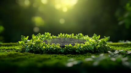 Fototapeta premium Green Mossy Platform Surrounded by Lush Plants in a Forest with Sunlight and Bokeh Background for Product Showcase or Nature Mockup Scene