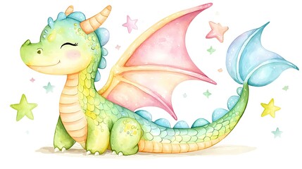 Obraz premium Chibi cosmic dragon with shimmering galaxy-like scales, floating among stars, soft watercolor gradients, white background