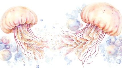Chibi cosmic jellyfish floating through space, surrounded by glowing stardust, soft watercolor transparency effects, white background