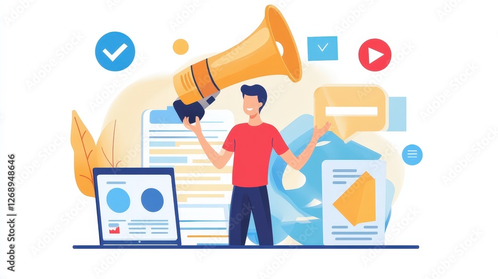 Poster a professional working remotely, taking part in an online course to improve digital marketing skills