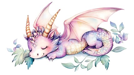 Chibi-style dragon with tiny wings, soft pastel watercolor scales, and a playful expression, flying on a white background