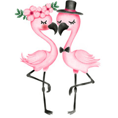 Vanlentines theme , Couple of flamingos wearing accessories and kissing on a black background.