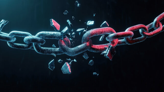 A cracked industrial metal chain breaking apart under pressure, symbolizing system failure, strength limits, and cybersecurity vulnerabilities.