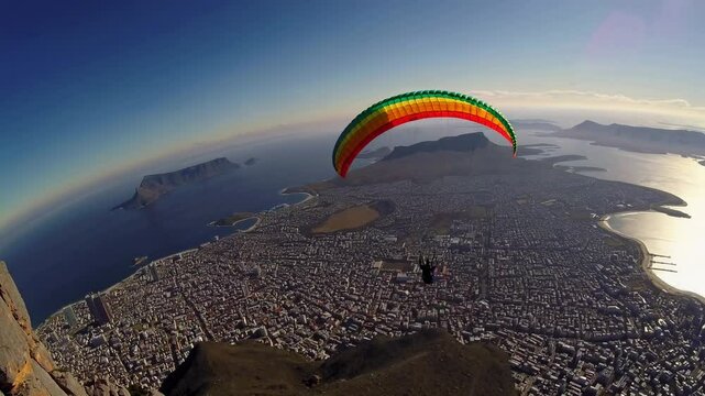 Aerial video captures a vibrant paraglider soaring over a cityscape with a panoramic view, showcasing a breathtaking landscape from a high angle.