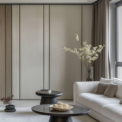Aesthetic elegant minimalist modern interior design. Clear mock up empty wall for decoration in the apartment. Copy space in the room.