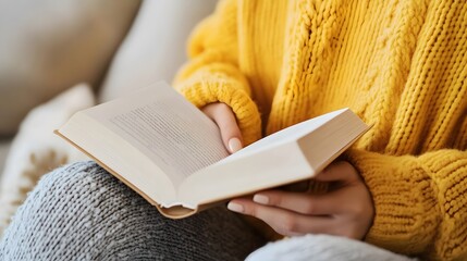 Person enjoying a book while sitting comfortably on a couch, wearing a cozy yellow sweater during a relaxed afternoon indoors