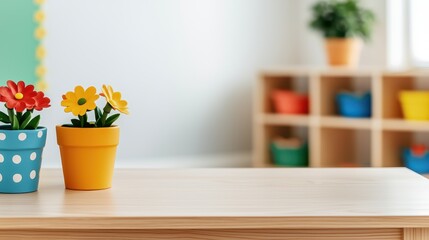 Wood Desk for Child or Kindergarten Interior Concept, Bright and Tidy Wooden Desk with Painted Flower Pots in Modern Interior Setting