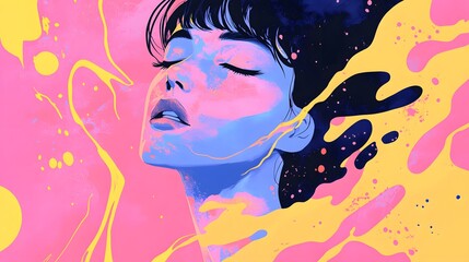 Naklejka premium Vibrant artistic portrayal of a woman's face with abstract colorful splashes and bold hues