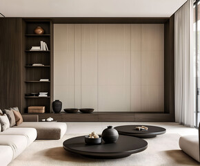 Aesthetic elegant minimalist modern interior design. Clear mock up empty wall for decoration in the apartment. Copy space in the room.