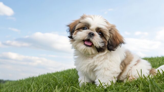 Playful shih tzu pup in a sunny park a pet photography adventure capturing joyful moments outdoors - Powered by Adobe