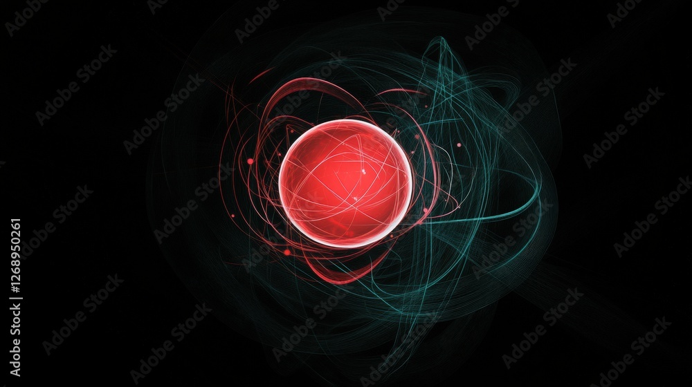 Poster a proton depicted artistically as a glowing red particle at the heart of an atom.