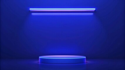 Obraz premium Realistic 3d blue cylinder pedestal podium in Sci-fi dark blue abstract room with illuminate horizontal neon lamp. Vector rendering product display presentation. Futuristic minimal scene. 