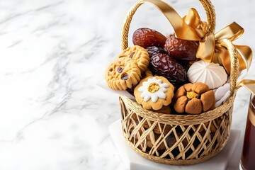  Ramadan Concept with Traditional Sweets and Dates in a Decorative Basket on Marble Background  