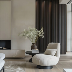 Aesthetic elegant minimalist modern interior design. Clear mock up empty wall for decoration in the apartment. Copy space in the room.