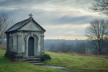 Obraz premium Ornate mausoleum with cross sits on a grassy hillside