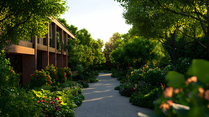 Obraz premium Idyllic Garden Pathway Between Brick Buildings and Lush Trees Under Sunlight