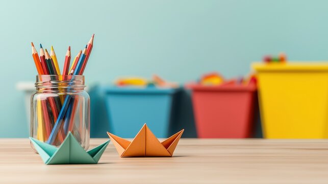 Wood Desk for Child or Kindergarten Interior Concept, Colorful Pencils in a Jar on a Wooden Desk with Folded Paper Boats in a Bright Learning Environment
