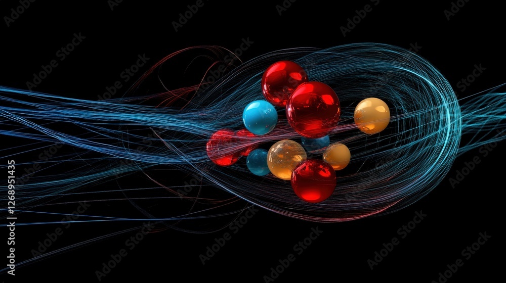 Poster a quantum simulation showing the interaction of protons, neutrons, and electrons in a dynamic orbit.