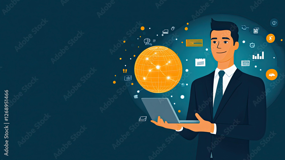 Poster businessman working on laptop with global network and data visualization