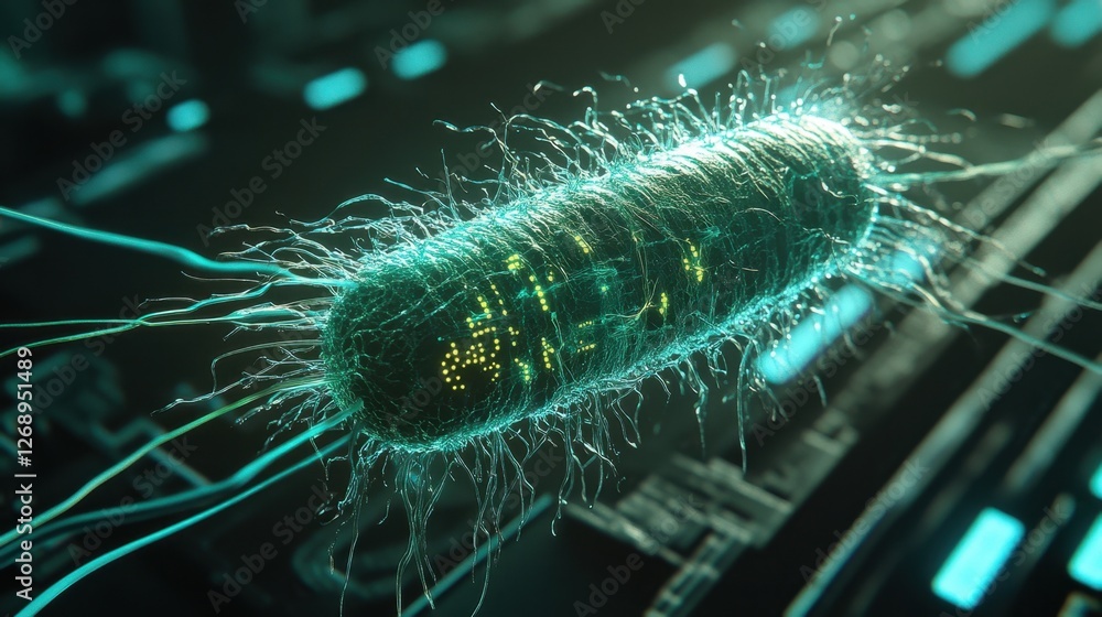 Poster a futuristic visualization of a programmable synthetic microbe engineered for space travel.