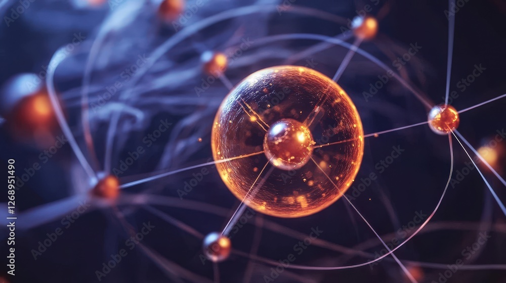 Poster a quantum simulation showing the interaction of protons, neutrons, and electrons in a dynamic orbit.