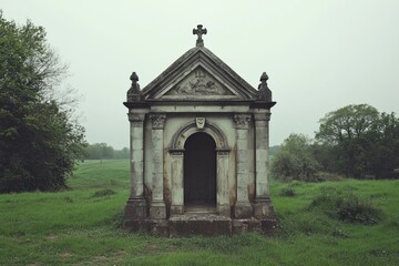 Small mausoleum stands in a grassy field under gray sky