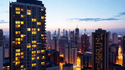 Skyscrapers illuminated during sunset in a city skyline, showcasing urban development, modern architecture, and the dynamic growth of metropolitan life