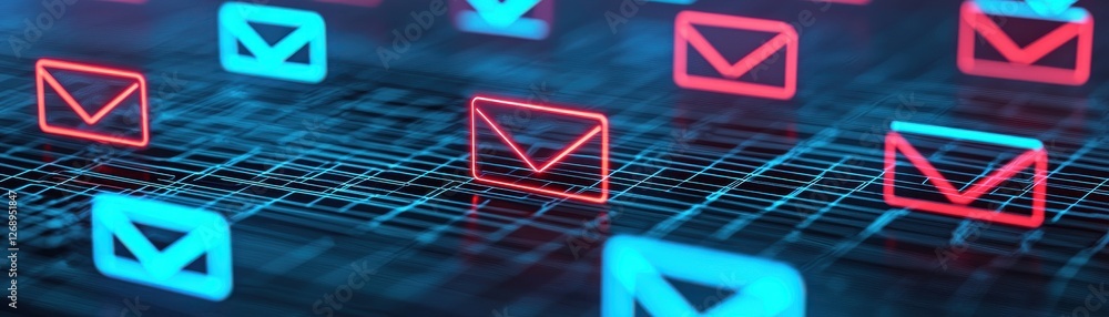 Poster futuristic digital communication concept with neon email icons and abstract data network background