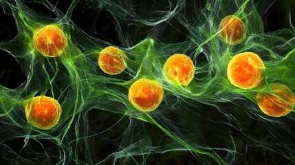 A glowing digital model of modified T-cells circulating in the bloodstream seeking tumor cells.