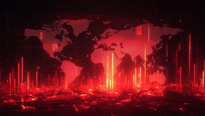 Global network data streams, red city, digital map