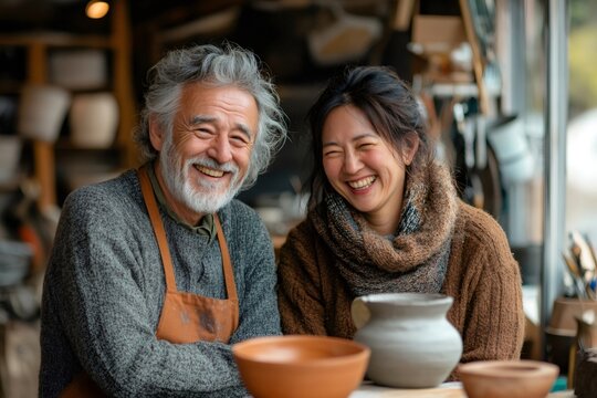 Two happy potters laughing in their workshop