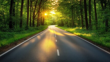 Obraz premium A quiet rural road winding through a lush green landscape, with tall trees on either side and the sun setting in the background.
