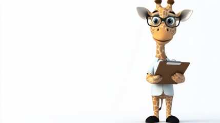 Cartoon giraffe character in glasses holding a clipboard and smiling