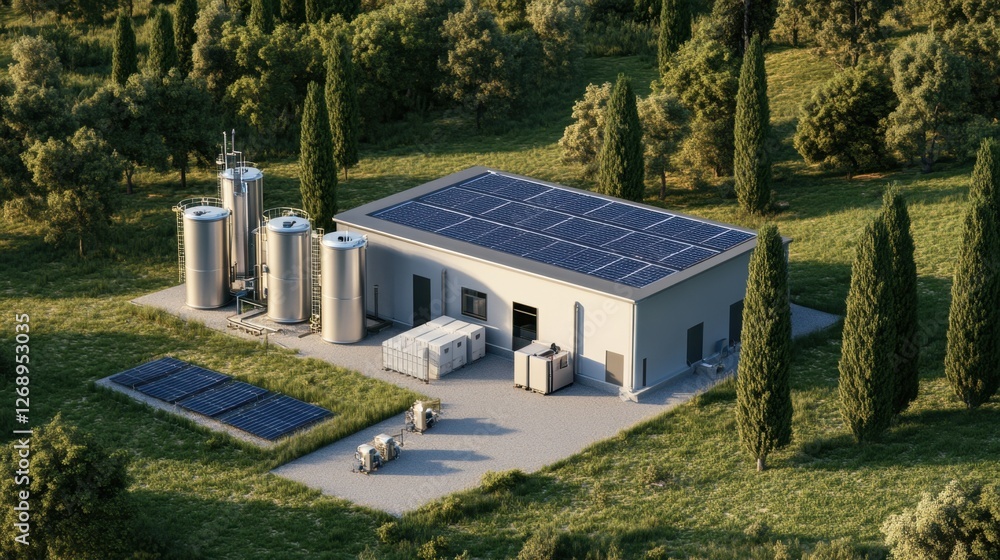Poster a high-tech solar panel recycling plant with ai-driven sorting and material separation.