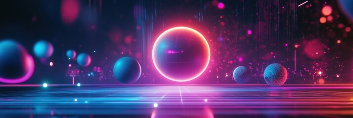 Vibrant neon spheres and glowing orb illuminate a futuristic digital landscape at night. Generative AI