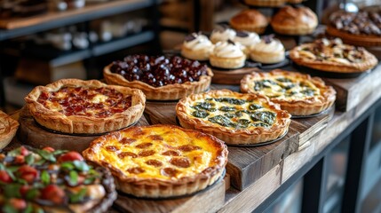 Assorted Delicious Pies and Tarts Displayed on Rustic Wooden Table