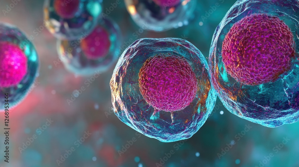 Poster a high-tech visualization of engineered car t-cells binding to tumor cells for immunotherapy.