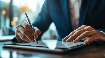 A side view of a professional signing an electronic contract on a tablet, symbolizing legal agreements and digital paperwork
