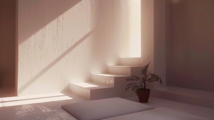 Fototapeta premium Sunlit Minimalist Interior: Tranquil Staircase and Plant
