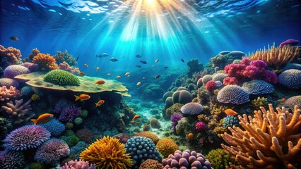 Obraz premium Coral reef ecosystem teeming with marine life surrounded by a thick layer of slimy algae, mollusks, fish, coral reef biodiversity, crustaceans, coral
