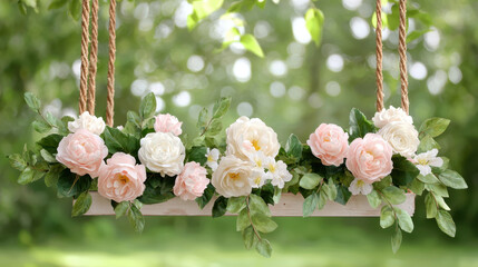 Beautiful floral arrangement on swing with pink and white roses, greenery, and soft background