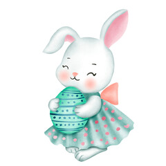Easter theme , Cute bunny holding a decorated egg in a dress.