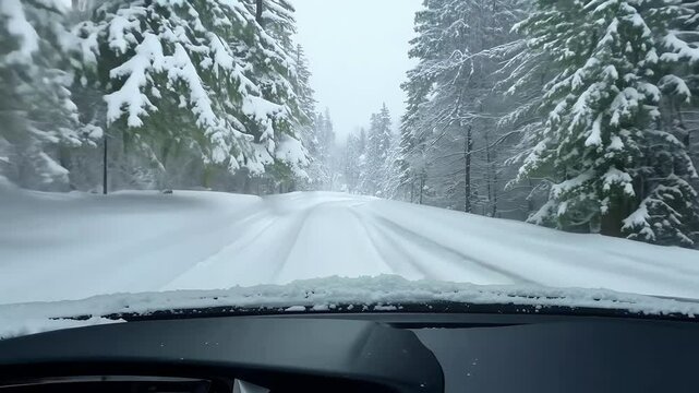 Point view video shot windshield showing snowy road lined frost covered trees capturing cold atmosphere winter driving conditions