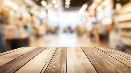 Empty Wooden Table with Blurred Fashion Store Background – Perfect for Product Display, Retail Marketing, E-Commerce, and Online Shopping Promotions