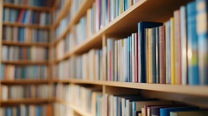 A modern bookshelf filled with books, arranged in a light-colored contemporary design, with a blurred background for depth