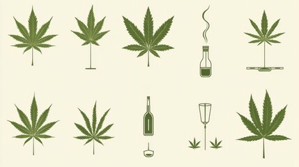 Green Cannabis Leaves and Related Icons in Flat Design Style