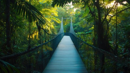 A bridge walkway in the middle of a dense, conserved jungle, inviting eco-tourism.