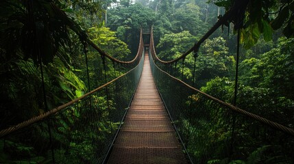 A bridge walkway in the middle of a dense, conserved jungle, inviting eco-tourism.